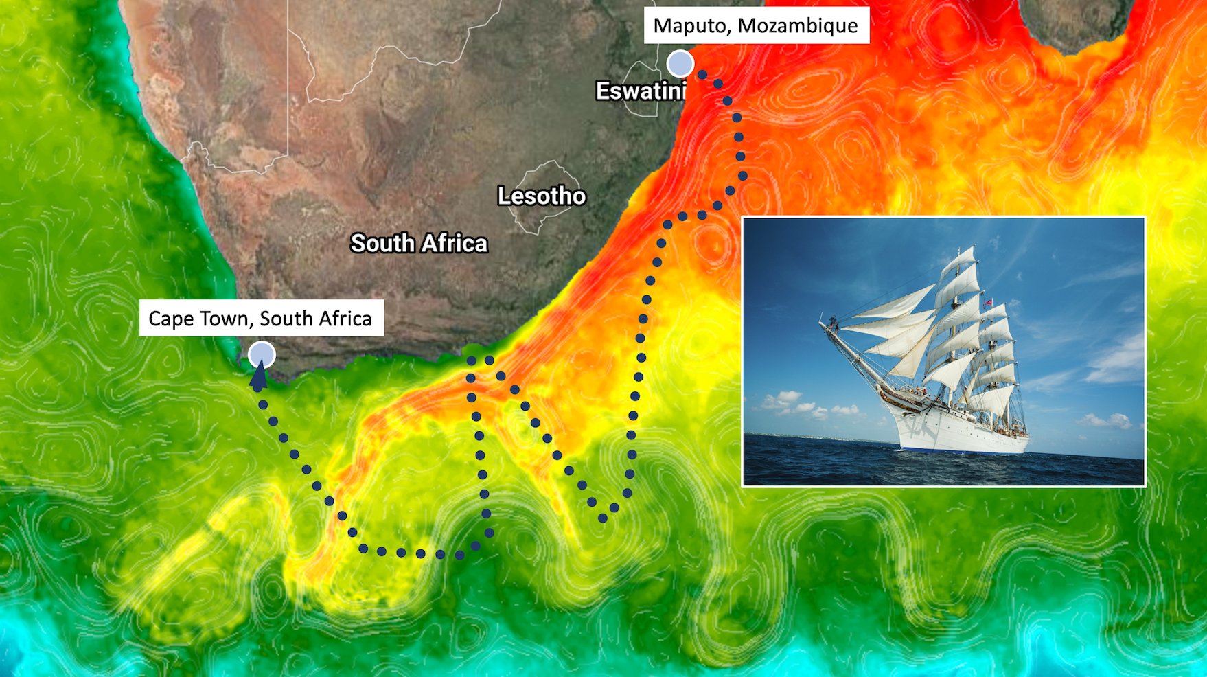Schematic illustration of the sail-voyage from Maputo and Cape Town from 3-13 January 2023. Colors represent the sea surface temperature field. White lines mark the surface current. See ovl.oceandatalab.com for more details. Photo: Isak Okkenhaug/Statsraad Lehmkuhl